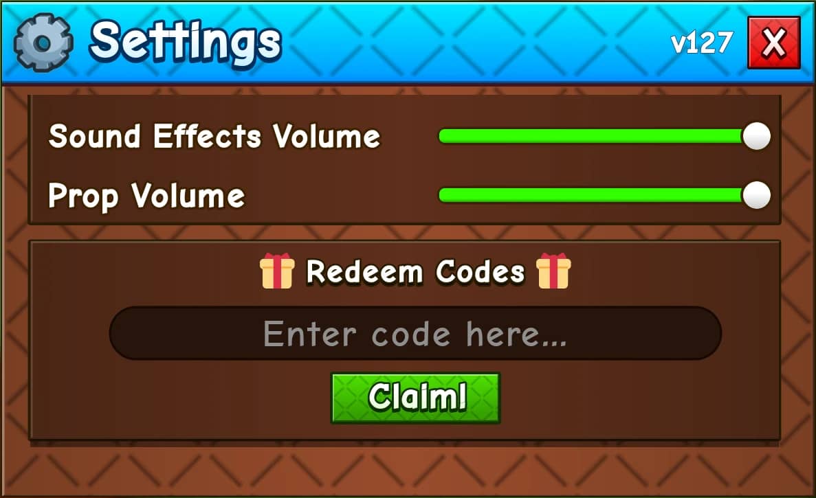 The Grow a Garden 2 Settings menu, with the Redeem Codes panel at the bottom